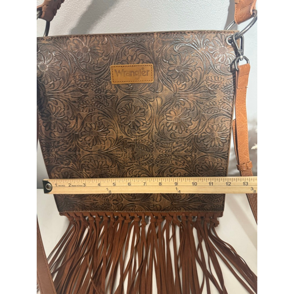Wrangler Brown Floral Embossed Western Fringe Crossbody Shoulder Bag Cowgirl - Picture 5 of 11